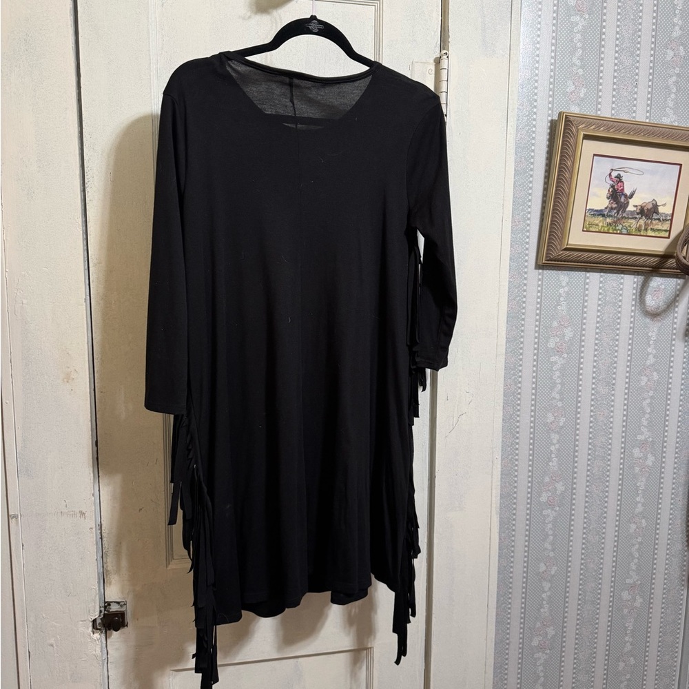 Black Fringe Long Sleeve Dress